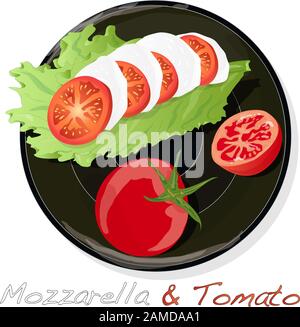 Illustrazione vettoriale di mozzarella, pomodori ciliegini - ingredienti per insalata caprese su piatto. Immagine isolata. Illustrazione Vettoriale