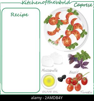 Illustrazione vettoriale del menu deliziosa insalata caprese con pomodori maturi e mozzarella con foglie di basilico fresco. Cibo italiano isolato su bianco b Illustrazione Vettoriale