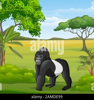 Gorilla cartone animato nella savana Illustrazione Vettoriale