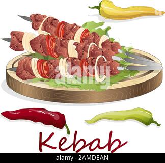 Shish kebab con cipolla e pomodoro ciliegia. Spiedini di carne alla griglia. Vista dall'alto. Illustrazione del vettore. Illustrazione Vettoriale