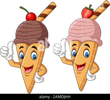 Coni gelato cartone animato che danno pollici in su Illustrazione Vettoriale