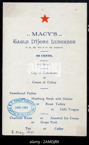 PRANZO TABLE D'HOTE (TENUTO DA) MACY'S (AT) (NEW YORK) (REST;) LOGO RED STAR; DATA SCRITTA A MANO DA FEB; PRANZO TABLE D'HOTE [TENUTO DA] MACY'S [AT] [NEW YORK] (RESTO;) Foto Stock