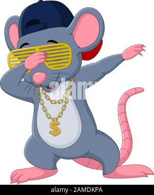 Mouse cartoon danzante indossa occhiali da sole, cappello e collana d'oro Illustrazione Vettoriale