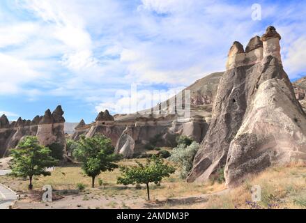 Fata camino o multitesta funghi di pietra nella Valle di Pasabag, Cappadocia, Anatolia, Turchia Foto Stock