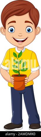 Ragazzo sorridente che tiene in mano una pianta in vaso Illustrazione Vettoriale