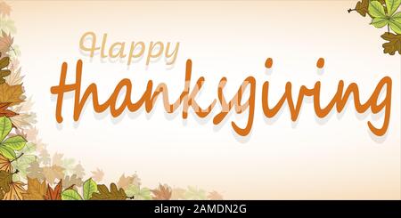 Happy Thanksgiving script con zucche e lascia illustrazione vettoriale su sfondo bianco. Illustrazione Vettoriale
