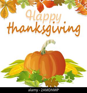 Happy Thanksgiving script con zucche e lascia illustrazione vettoriale su sfondo bianco. Illustrazione Vettoriale