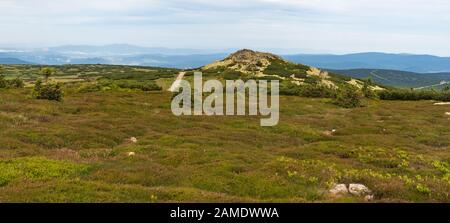 Vista dalla collina Vysoka Plan sopra Snezne jamy in Krkonose montagne sui confini cechi-polacco con la più vicina collina rocciosa Violik e molte altre colline sul Foto Stock