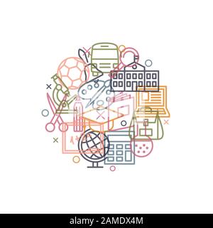 Concetto scolastico con icone e segni in stile linea Illustrazione Vettoriale
