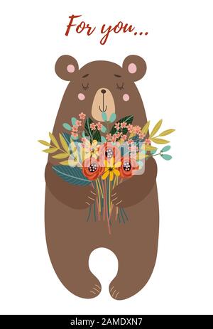 Personaggio disegnato a mano grazioso orso con bouquet di fiori per decorazione disegno, carte o poster. Vettore infantile Illustrazione Vettoriale