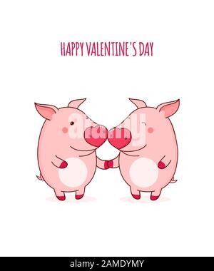 Carta vettoriale di San Valentino con maiali carini in stile kawaii. EPS8 Illustrazione Vettoriale