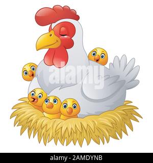 Cartoon carino gallina con i polli seduti in un nido Illustrazione Vettoriale