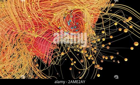 Ritorto linee cosmica o stringhe in uno spazio nero. Bella volute, luminoso riccioli di turbolenza . Fluido e astronomia liscia struttura a vortice. 3D render Foto Stock