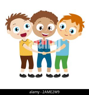 File vettoriale EPS10 che mostra ragazzi felici con diversi colori della pelle, ridendo, abbracciarsi e divertirsi insieme Illustrazione Vettoriale