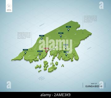 Mappa stilizzata della Guinea-Bissau. Mappa verde isometrica 3D con città, confini, capitale, regioni. Illustrazione del vettore. Livelli modificabili chiaramente etichettati. It Illustrazione Vettoriale