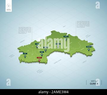 Mappa stilizzata della Guinea. Mappa verde isometrica 3D con città, confini, capitale Conakry, regioni. Illustrazione del vettore. Livelli modificabili chiaramente etichettati. E Illustrazione Vettoriale