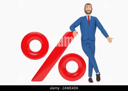 Un fumetto disegnato imprenditore si appoggia su un grande rosso simbolo di percentuale. Imprenditore in un vestito con un sorriso sul suo volto. Il rendering 3D Foto Stock