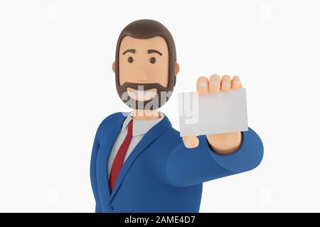 Un fumetto disegnato imprenditore è in possesso di un biglietto da visita, modulo vuoto o carta di credito. Imprenditore in un vestito con uno sguardo insolito. Il rendering 3D Foto Stock