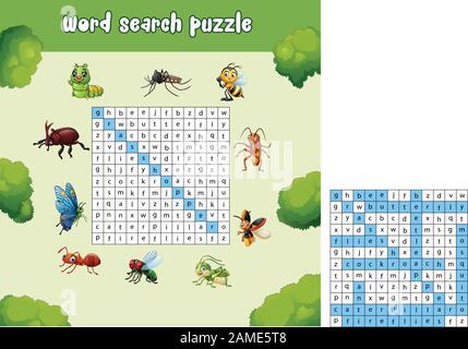 Puzzle di ricerca di parole su insetti animali Illustrazione Vettoriale