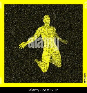 Uomo che prega. 3d Modello Corpo Umano. Design granuloso nero e giallo. Illustrazione del vettore puntinato. Illustrazione Vettoriale