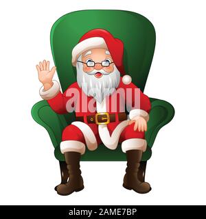 Cartoon babbo natale seduto in poltrona verde su sfondo bianco Illustrazione Vettoriale