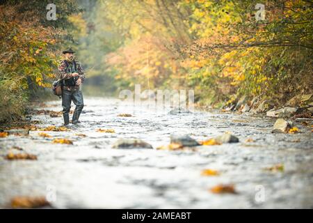 Pescatore a mosca la pesca con la mosca su di uno splendido fiume di montagna Foto Stock