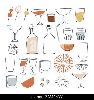 Set di bevande alcoliche e analcoliche, cocktail, bottiglie di vino e bicchiere. Felice anno nuovo, bar e celebrazione concetto Illustrazione Vettoriale