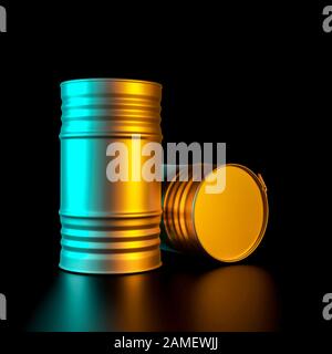 3d rende l'immagine di un paio di barili di metallo utilizzati nell'industria petrolifera. Concetto di risorse energetiche e industria manifatturiera Foto Stock