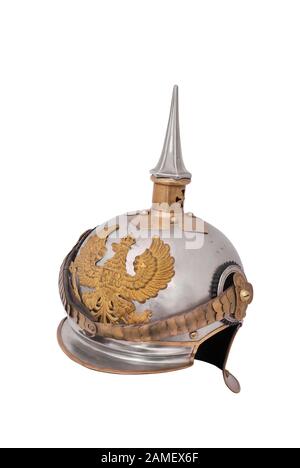 Vecchio timone tedesco del 19th secolo, cosiddetto Pickelhaube (timone a picco). Foto Stock