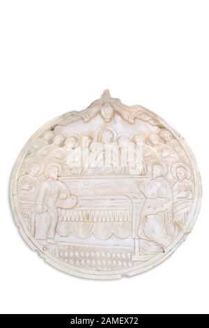 L'icona dell'ultima cena [del Signore] è ritagliata dalla madreperla (Nacre). Russia, 19th secolo. Foto Stock