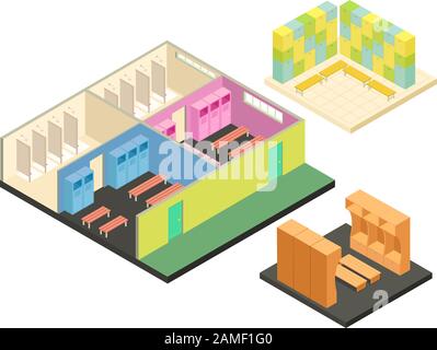 Set di icone per spogliatoi sportivi. Set isometrico di icone vettoriali per camerino sportivo per disegno web isolato su sfondo bianco Illustrazione Vettoriale