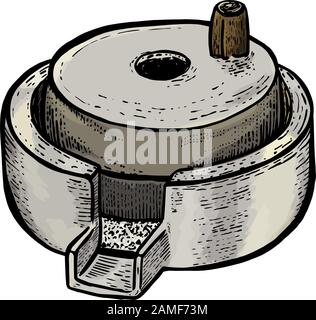 Macine a mano per grano con supporto maniglia. Vintage. Disegno realistico a mano. Illustrazione del vettore stile incisione. Illustrazione Vettoriale