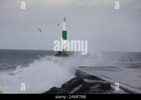 Aberystwyth Wales UK Meteo 13th Gennaio 2020 . Storm Brendan si avvicina Aberystwyth sulla costa occidentale del Galles, l'ufficio Met ha emesso un avvertimento meteo giallo per il vento, raffiche di 60 - 70 mph sono probabili sopra lunedì e martedì possibilmente superiore a 80 mph sulle zone costiere del mare irlandese esposte : credito mike davies / Alamy Live News Foto Stock