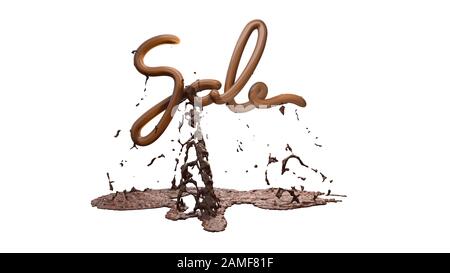 Vendita scritta d'epoca creativa fatta a mano con cioccolato o caramello con un liquido brillante splash su di esso. Isolato su sfondo bianco. figura 3d Foto Stock