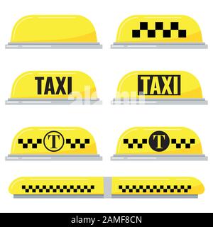 Taxi Light segno vettore isolato su sfondo bianco in stile cartone animato piatto. Taxi giallo lampada a scacchi e testo per auto tetto illustrazione. Giallo t Illustrazione Vettoriale
