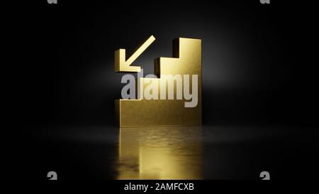 Oro metallo simbolo di scale con freccia giù 3D rendering con sfocato riflessione sul pavimento con sfondo scuro Foto Stock