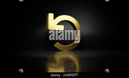 Simbolo di metallo oro del rendering 3D con freccia di annullamento e riflesso sfocato sul pavimento con sfondo scuro Foto Stock