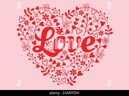 Cuore con amore e disegni a mano elementi floreali, illustrazione vettoriale per San Valentino carte giorno, adesivi Illustrazione Vettoriale