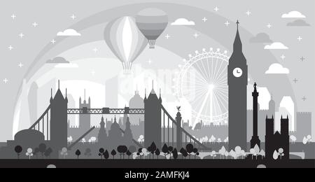 London City at sunise skyline silhouette vettore Illustrazione in nero e grigio isolato su sfondo nero. Panoramica vettore silhouette Illust Illustrazione Vettoriale