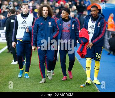 Londra, INGHILTERRA - 11 GENNAIO: L-R Rob Holding dell'Arsenal, Matteo Guendouzi dell'Arsenal Reiss Nelson dell'Arsenal e Joe Willock dell'Arsenal durante l'Engli Foto Stock