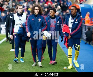 Londra, INGHILTERRA - 11 GENNAIO: L-R Rob Holding dell'Arsenal, Matteo Guendouzi dell'Arsenal Reiss Nelson dell'Arsenal e Joe Willock dell'Arsenal durante l'Engli Foto Stock
