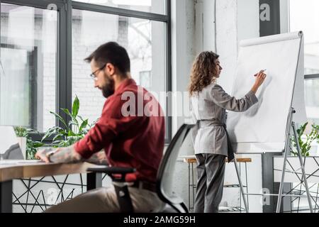 attenzione selettiva alla scrittura dell'account manager sulla lavagna a fogli mobili e al suo collega che utilizza un notebook Foto Stock