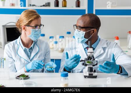 biologi multiculturali in camici bianchi e maschere mediche che parlano in laboratorio Foto Stock