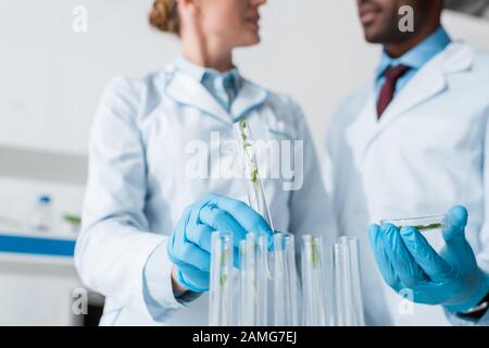 vista ritagliata di biologi multiculturali che parlano in laboratorio Foto Stock
