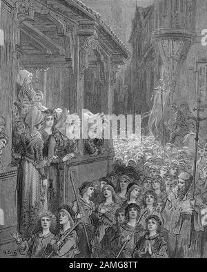 Le crociate furono una serie di guerre religiose nell'Asia occidentale e l'Europa iniziò, sostenuta e talvolta diretta dalla Chiesa cattolica, La Crociata dei Bambini fu una disastrosa crociata popolare da parte dei cristiani europei per riconquistare la Terra Santa dai musulmani, che si dice abbia avuto luogo nel 1212, Der Kinderkreuzzug bei dem im Frühsommer des Jahres 1212 Tausende von Kindern, Jugendlichen und Erwachsenen aus Deutschland und aus Frankreich unter der Leitung visionärer Knaben zu einem unwaffneten Kreuzzug ins Heilige Land aufbrachen, Kreuzzüge waren von der Lateinischen Kirche sanktionerte, Foto Stock