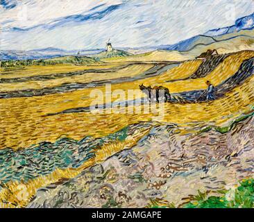 Vincent Van Gogh, Campo Chiuso con Plowman, pittura del paesaggio, 1889 Foto Stock