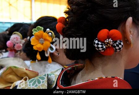 Tokyo, Giappone. 13th Gen 2020. Un partecipante di 20 anni partecipa a una cerimonia Del giorno Della Prossima età presso un parco divertimenti "Toshimaen" a Tokyo, Giappone, lunedì 13 gennaio 2020. La trasformazione dei popoli di 20 anni è 1,22 milioni in Giappone, circa 30.000 meno dello scorso anno. Foto di Keizo Mori/UPI Credit: UPI/Alamy Live News Foto Stock