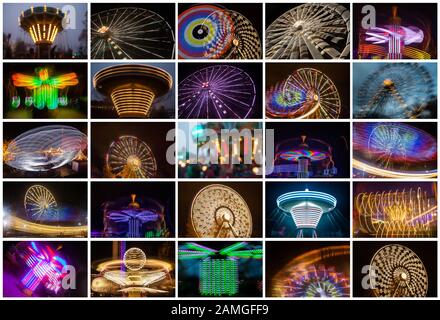 Serie di giostre colorate nel parco divertimenti. Di dimensioni standard. Foto Stock