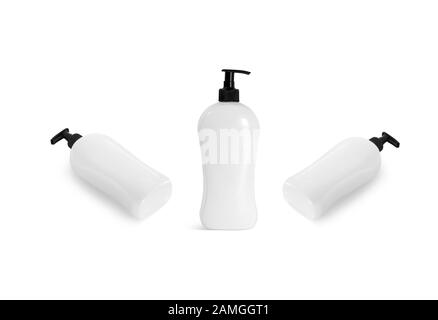 Flacone bianco di shampoo con mockup a pompa, frontale e laterale Foto Stock