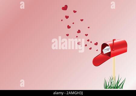 lo sfondo del giorno di san valentino con la mailbox e l'illustrazione della lettera d'amore, l'invio del mio concetto d'amore, modello di san valentino con lo spazio di copia per il testo Illustrazione Vettoriale